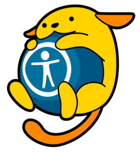 Cute yellow WordPress WAAPU mascot holding accessibility symbole
