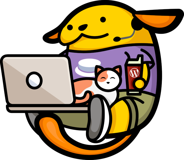 Wapuu character with laptop, cat, and drink